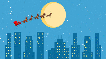 Santa sleigh with reindeer flying over city during snowfall
