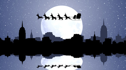 Santa on sleigh flying over city lake showing reflection
