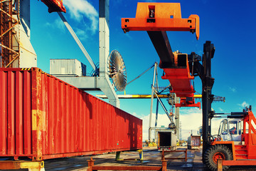 Truck container truck and crane in the port