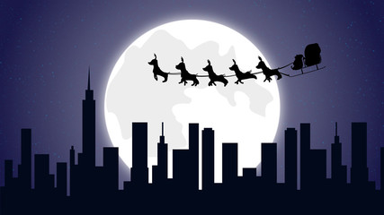 Skyscraper buildings flying Santa sleigh with reindeer