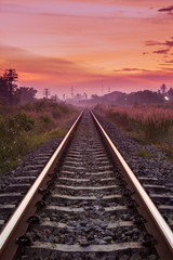 Railway Track with Sunrise Scene - obrazy, fototapety, plakaty