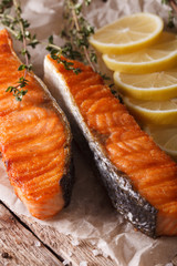 Grilled salmon with lemon macro on paper. vertical
