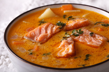 Rich salmon soup with thyme macro in a white bowl. horizontal
