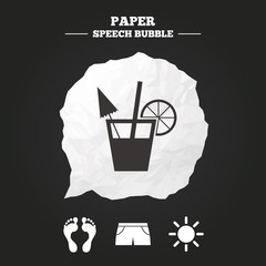 Beach holidays icons. Cocktail, human footprints