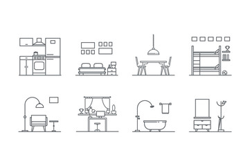 Set of line  interior design icons. Stock vector.