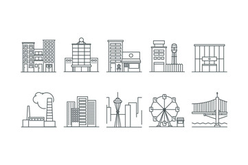 Building icons set. Line art. Stock vector.