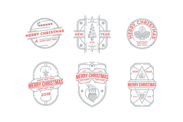 Set of Merry Christmas and Happy New Year Line Badges .