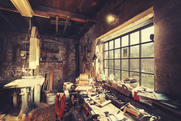 Vintage stylized old carpenter workshop interior