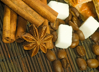 image of cookies, anise stars, sugar, coffee beans closeup