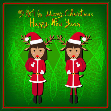 Merry Christmas Raindeer Santa Green Background Vector Illustration