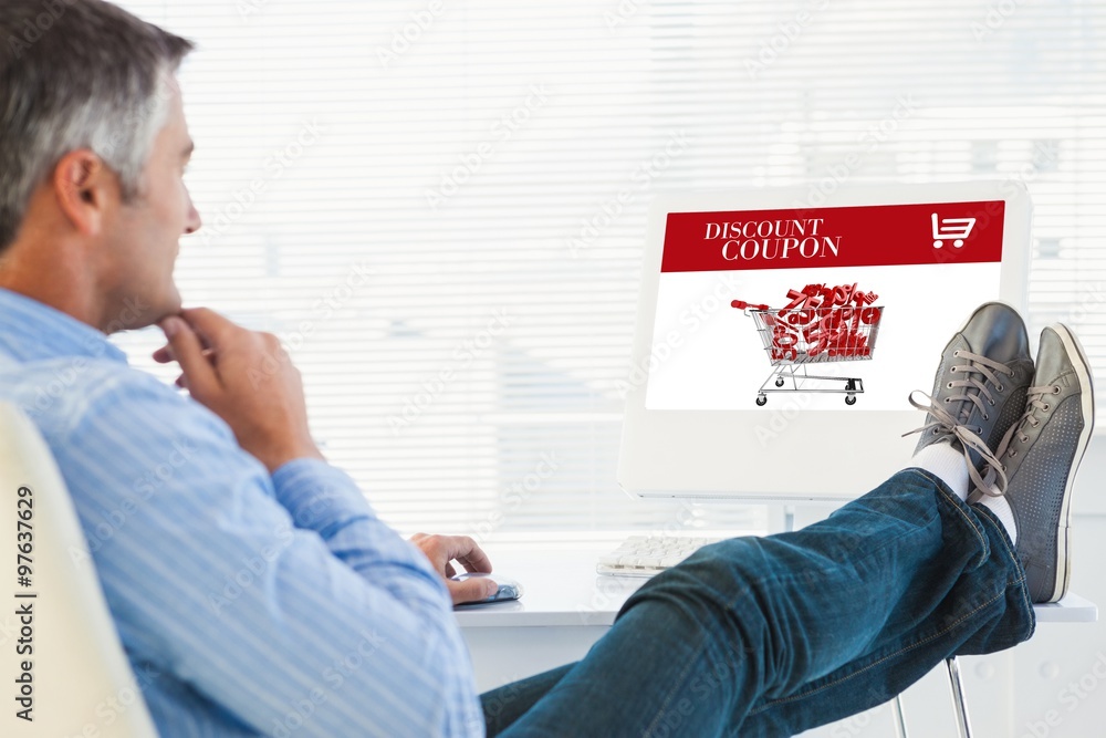 Poster composite image of relaxed man with feet on desk using computer