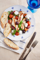 grilled meat with vegetables, curd and bread