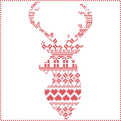 Scandinavian Nordic winter stitch, knitting  christmas pattern in  in reindeer shape shape including snowflakes, xmas trees, christmas presents, snow, stars, decorative elements, ornaments  in red 
