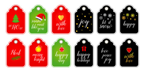 Collection of Christmas and New Year cute ready-to-use gift tags. Set of 12 printable holiday label in red green and black with gold. Vector seasonal badge design