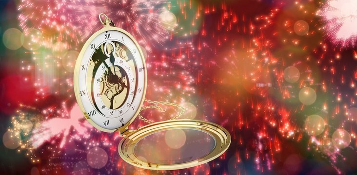 Composite image of old fashioned pocket clock with chain