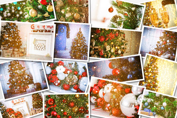 Fototapeta na wymiar Christmas collage with gifts,toys and fir tree branches. Christmas collection