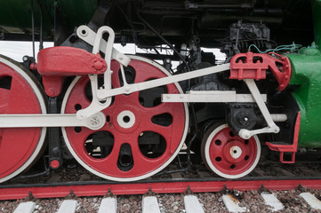 Wheels and transmission gear of steam locomotive. Nizhniy Novgorod, Russia. 