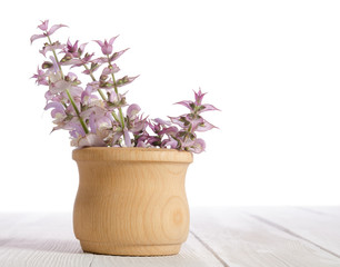 Fresh sage in a mortar on an white wooden table