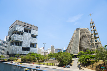 Modernist landmarks dominate the skyline in the Centro area of downtown Rio de Janeiro, Brazil