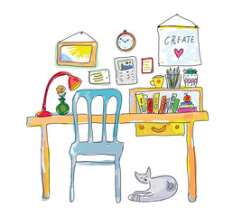 Home workplace for designer sketch - interior hand drawn illustr