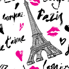 Fototapeta na wymiar Paris. Vintage seamless pattern with Eiffel Tower and hand drawn lettering. Retro hand drawn vector illustration.