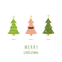 Light pink green gold christmas tree card with doodle hand draw