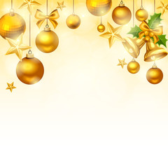 Naklejka na ściany i meble Vector Christmas background with gold balls, bells, stars and sparkles.