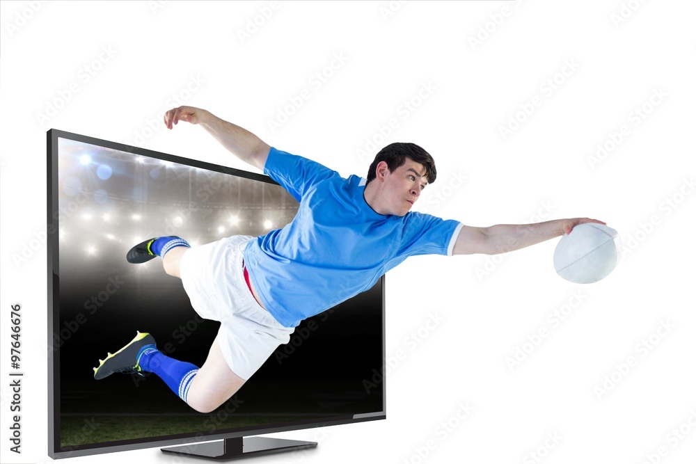 Poster composite image of a rugby player scoring a try