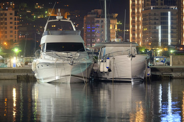 The image of boats in the Budva harbour, Montenegro