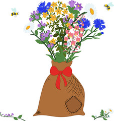 The bag with herbs - chamomile, angustifolium, cornflower, campanula, hypericum and bees on a transparent background