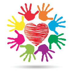 Concept circle of hands, red heart love symbol
