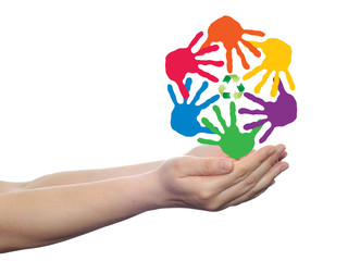 Concept circle of hands, green recycle symbol