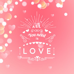 Happy Valentines Day Greeting Card with typography, heart, arrows, Bokeh background.  14 February. Vector Blurred Soft Background