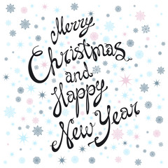 Merry Christmas and Happy New Year card with hand drawn lettering and stars on snow background. Cute Holiday background