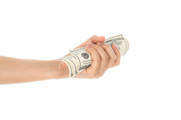 Hand with dollars isolated on white background