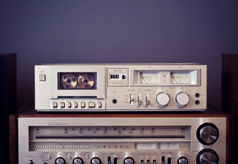 Vintage stereo cassette tape deck player recorder - obrazy, fototapety, plakaty