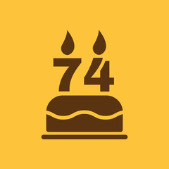The birthday cake with candles in the form of number 74 icon. Birthday symbol. Flat