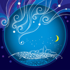 Winter night landscape with dotted snowflakes and curly lines in the round frame. Traditional winter and Christmas background.