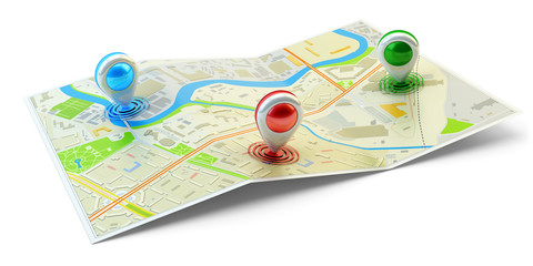 Landmarks positions, location of points of interest, travel destination, gps and navigation concept, city map with colorful pin pointers isolated on white