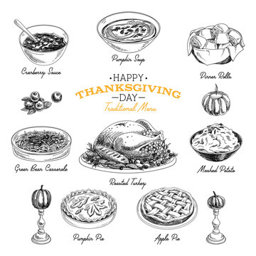 Vector hand drawn Thanksgiving food set.