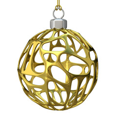 Gold perforated Christmas ball. 3D render illustration isolated on white background