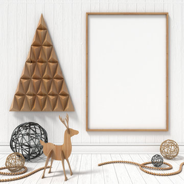 Mock up blank picture frame, Christmas decoration. 3D render illustration