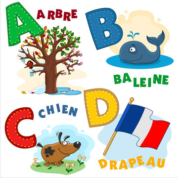 French alphabet with letters a A B C D and in the picture tree, whale, dog, flag