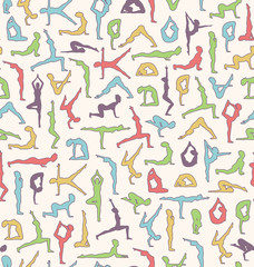 Fototapeta na wymiar Yoga Seamless Pattern with Asanas Poses Isolated on Beige