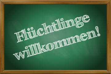 Fototapeta premium Flüchtlinge willkommen / Hilfe für Flüchtlinge / Kreideschrift auf Tafel