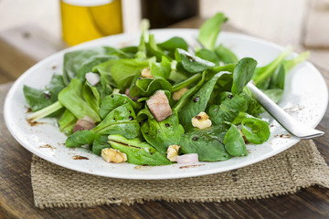 Weißer Teller mit lecker angerichtetem Feldsalat