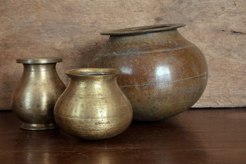 Vintage brass vessels collection. They were made from India for household use, commonly found in...