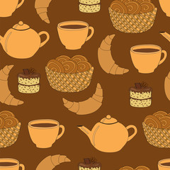 Kettle, Cup and cakes. Seamless background
