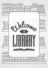 Welcome to library poster or card concept with outline Books on the shelves. Linear illustration with text