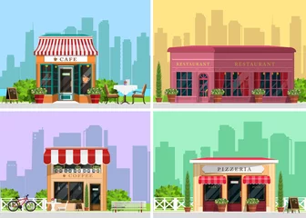 Wall murals Restaurant Modern landscape set with cafe, restaurant, pizzeria, coffee house building, trees, bushes, flowers, benches, restaurant tables. Flat style vector illustration.